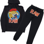 Men Red Mohawk Tiger Embroidery Patch Hoodie and Joggers Set - Black Hoodie / Black Jogger - Rawyalty Clothing