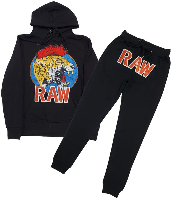 Men Red Mohawk Tiger Embroidery Patch Hoodie and Joggers Set - Black Hoodie / Black Jogger - Rawyalty Clothing