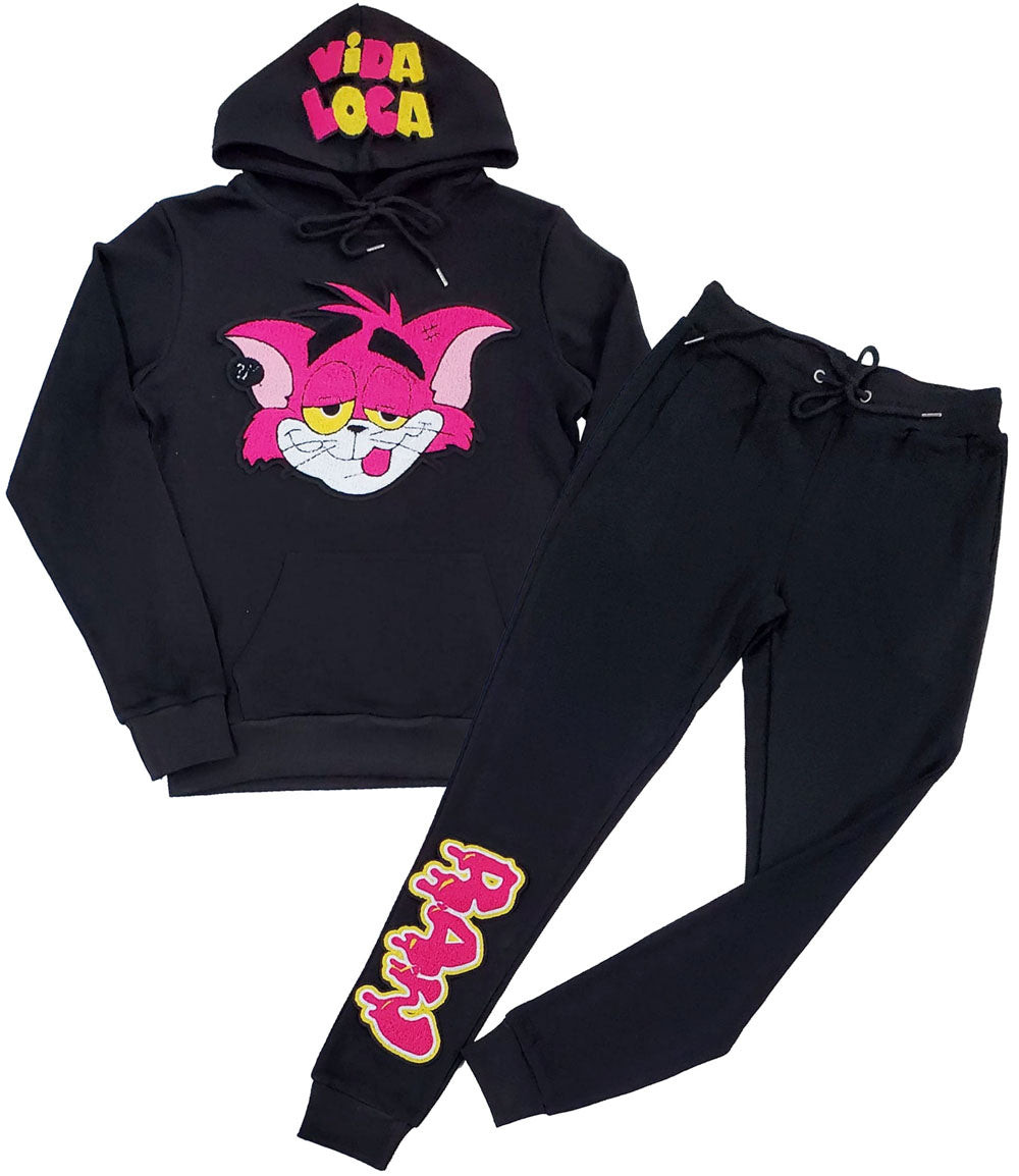 Men Vida Loca Chenille Hoodie and RAW Drip Hot Pink Chenille Joggers Set - Black Hoodie / Black Jogger - Rawyalty Clothing