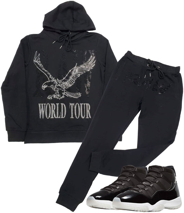 Men RAW World Tour Black Bling Hoodie and Cursive RAW Black Bling Jogger Set - Rawyalty Clothing