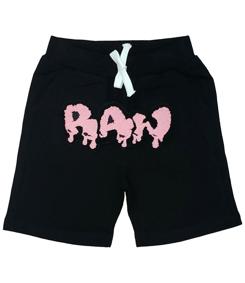 Kids RAW Drip Pink Chenille Cotton Shorts - Black - Rawyalty Clothing