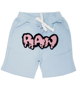 Kids RAW Drip Pink Chenille Cotton Shorts - Light Blue - Rawyalty Clothing