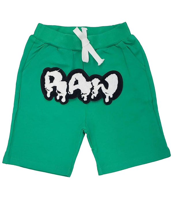 Kids RAW Drip White Chenille Cotton Shorts - Green - Rawyalty Clothing