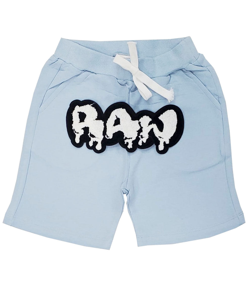 Kids RAW Drip White Chenille Cotton Shorts - Light Blue - Rawyalty Clothing