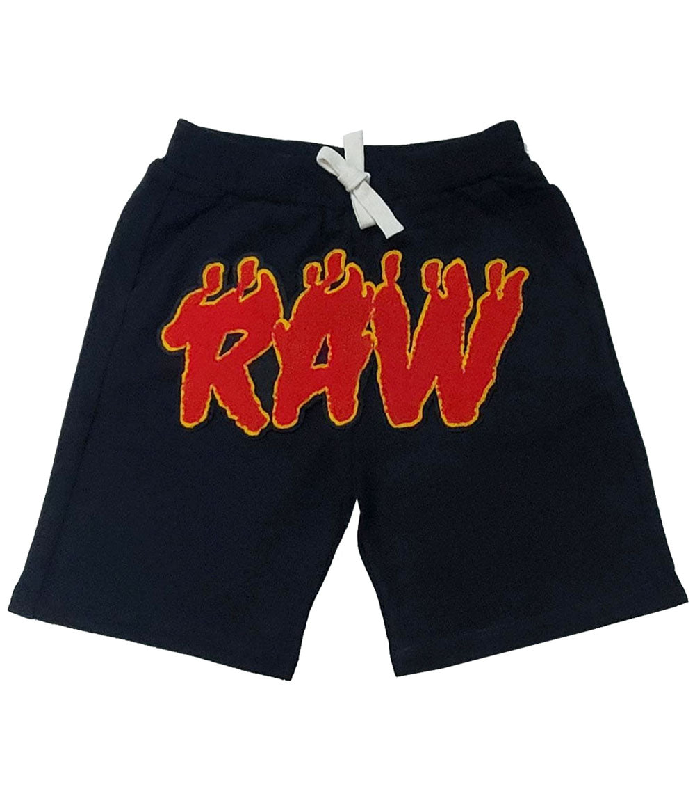 Kids RAW Flame Red Chenille Cotton Shorts - Black - Rawyalty Clothing