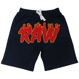 Kids RAW Flame Red Chenille Cotton Shorts - Black - Rawyalty Clothing