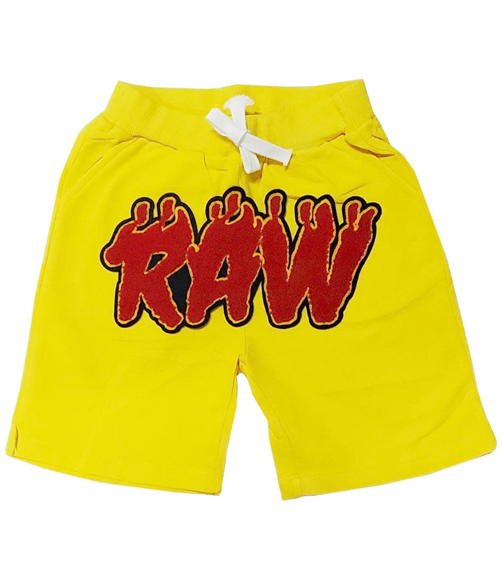 Kids RAW Flame Red Chenille Cotton Shorts - Yellow - Rawyalty Clothing