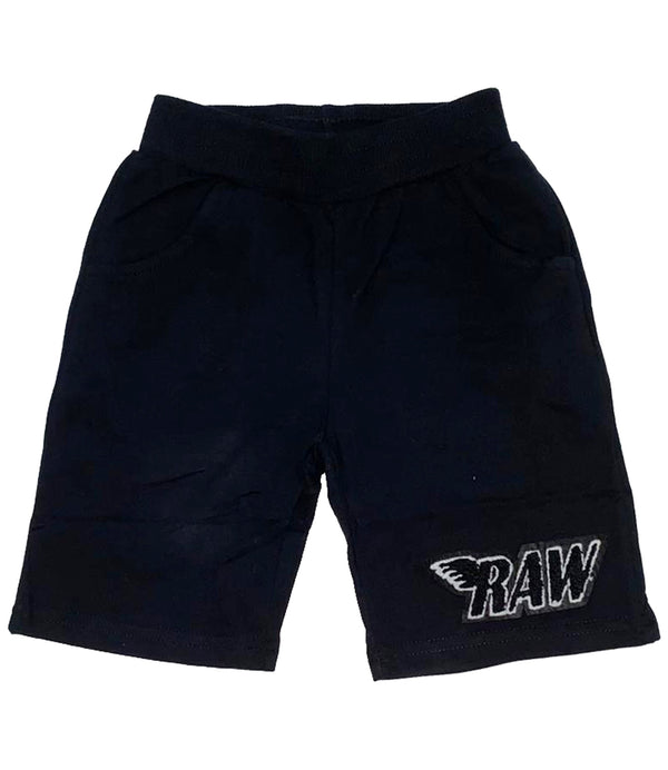 Kids RAW Wing Black Chenille Cotton Shorts - Black - Rawyalty Clothing