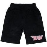 Kids RAW Wing Pink Chenille Cotton Shorts - Black - Rawyalty Clothing