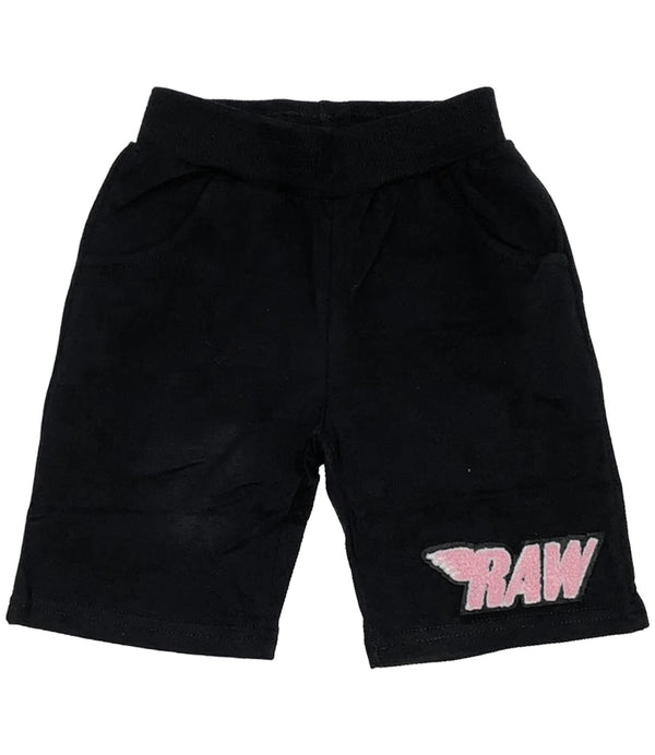 Kids RAW Wing Pink Chenille Cotton Shorts - Black - Rawyalty Clothing