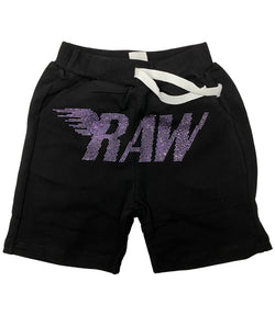 Kids RAW Wing Purple Bling Cotton Shorts - Black - Rawyalty Clothing