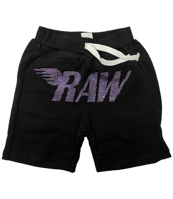 Kids RAW Wing Purple Bling Cotton Shorts - Black - Rawyalty Clothing