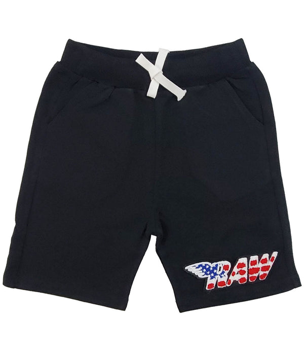 Kids RAW Wing USA Chenille Cotton Shorts - Black - Rawyalty Clothing