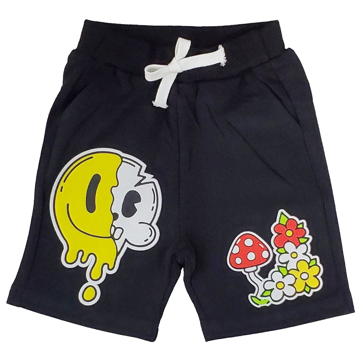Kids Smiley Drip Puff Print Cotton Shorts - Black - Rawyalty Clothing