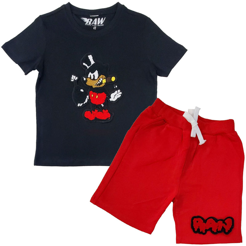 Kids Bomb Chenille Crew Neck T-Shirt and Raw Drip Red Chenille Cotton Shorts Set - Rawyalty Clothing