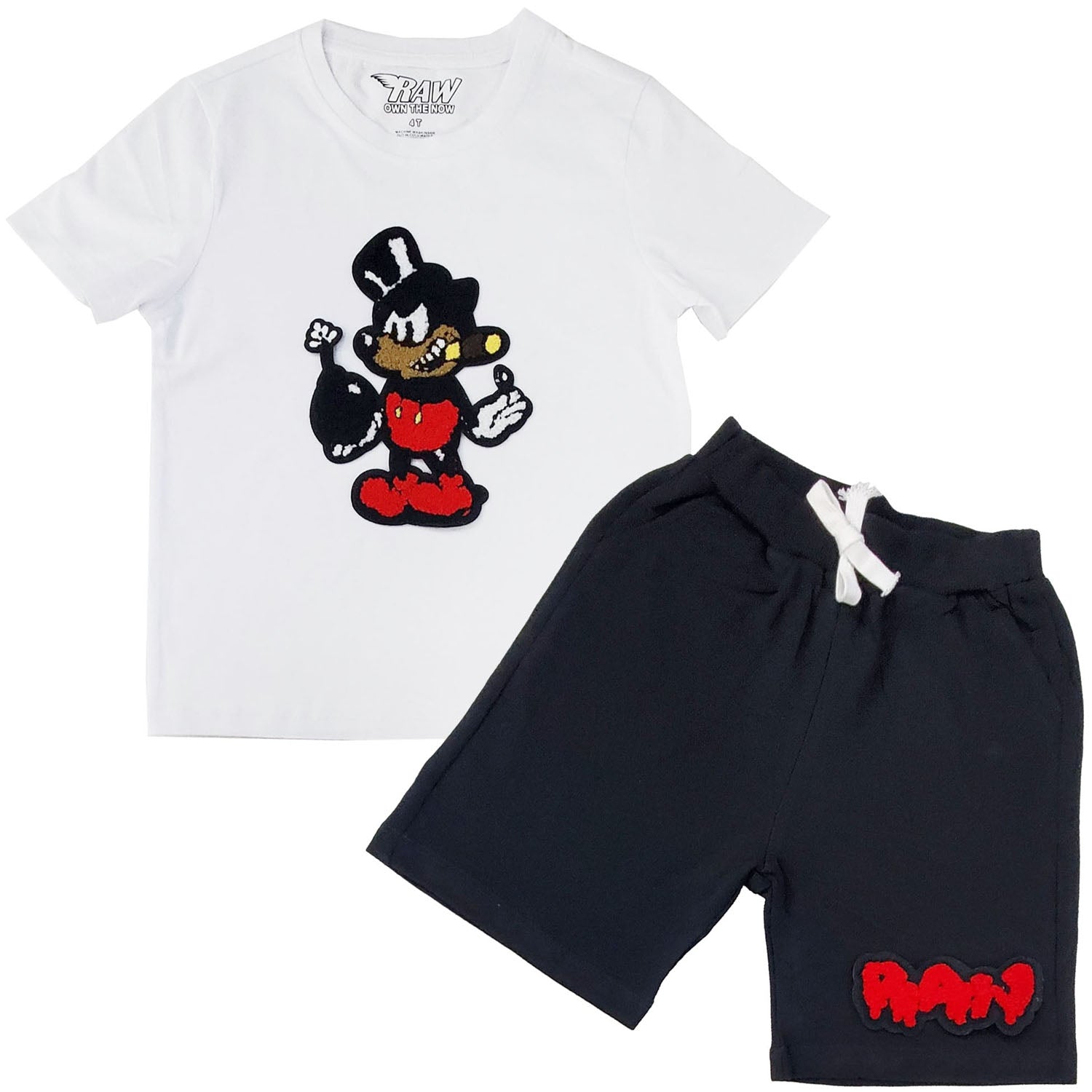 Kids Bomb Chenille Crew Neck T-Shirt and Raw Drip Red Chenille Cotton Shorts Set - Rawyalty Clothing