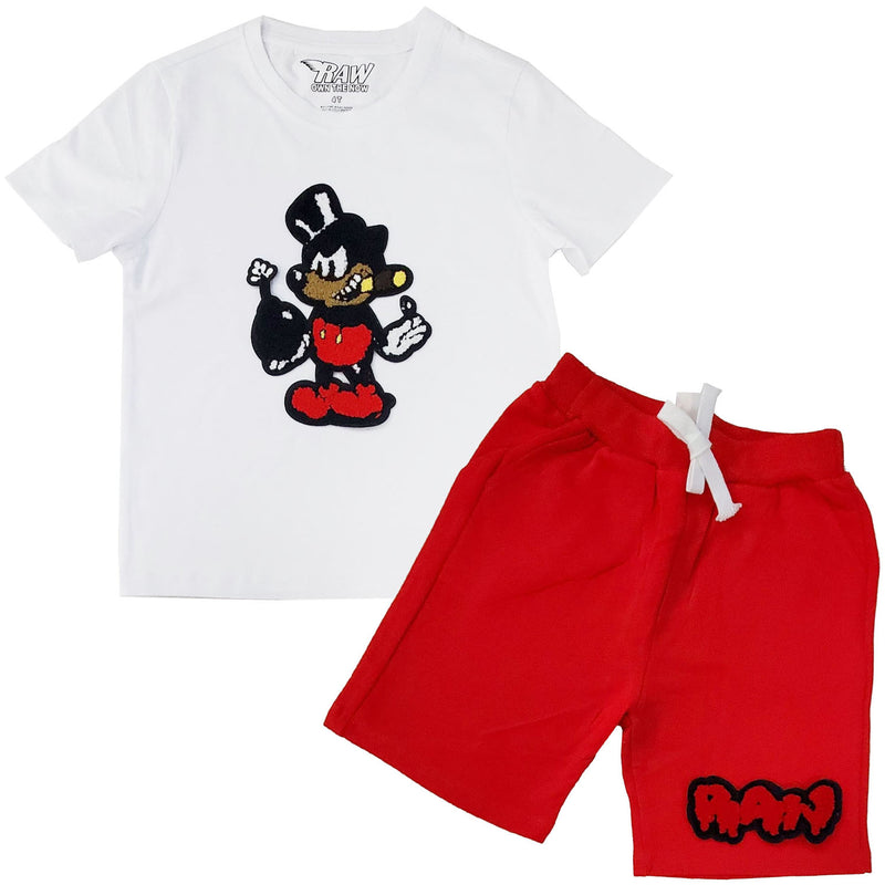 Kids Bomb Chenille Crew Neck T-Shirt and Raw Drip Red Chenille Cotton Shorts Set - Rawyalty Clothing
