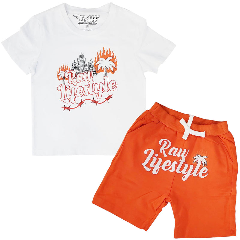 Kids Burning Paradise Puff Print Crew Neck T-Shirt and Cotton Shorts Set - Rawyalty Clothing