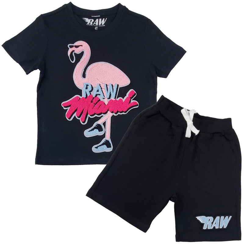 Kids Flamingo Chenille Crew Neck T-Shirt and Raw Wing Sky Chenille Cotton Shorts Set - Rawyalty Clothing