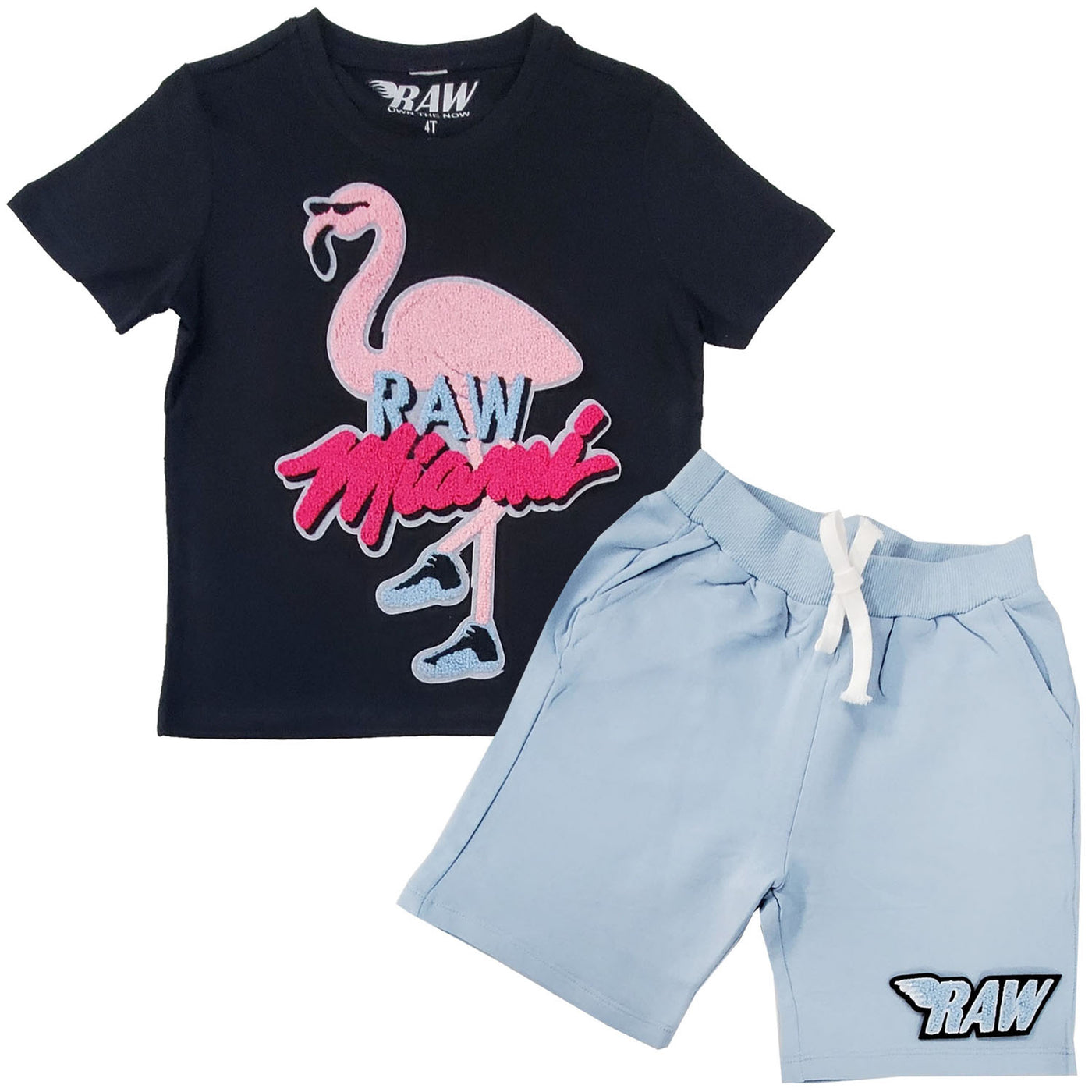 Kids Flamingo Chenille Crew Neck T-Shirt and Raw Wing Sky Chenille Cotton Shorts Set - Rawyalty Clothing