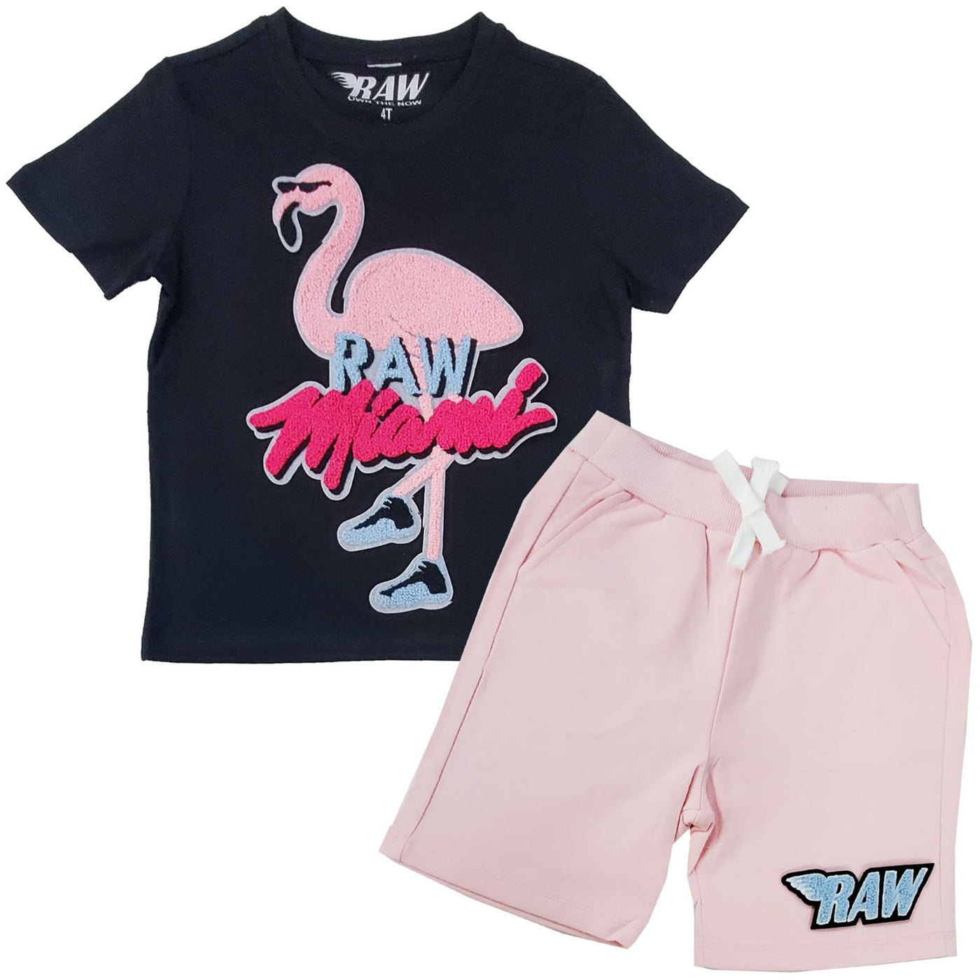Kids Flamingo Chenille Crew Neck T-Shirt and Raw Wing Sky Chenille Cotton Shorts Set - Rawyalty Clothing