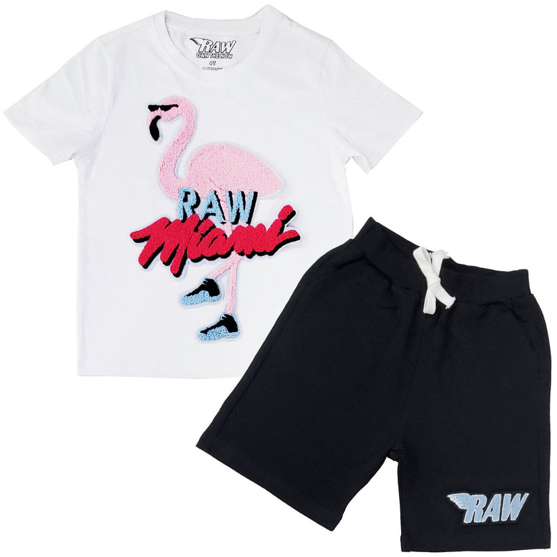 Kids Flamingo Chenille Crew Neck T-Shirt and Raw Wing Sky Chenille Cotton Shorts Set - Rawyalty Clothing