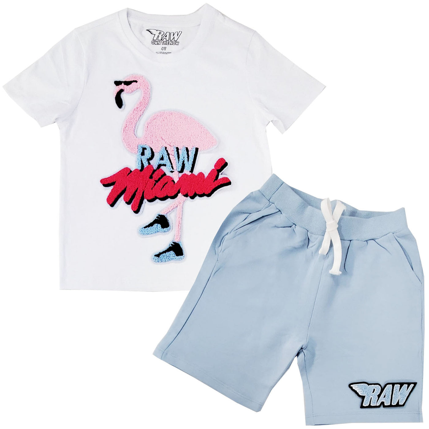 Kids Flamingo Chenille Crew Neck T-Shirt and Raw Wing Sky Chenille Cotton Shorts Set - Rawyalty Clothing