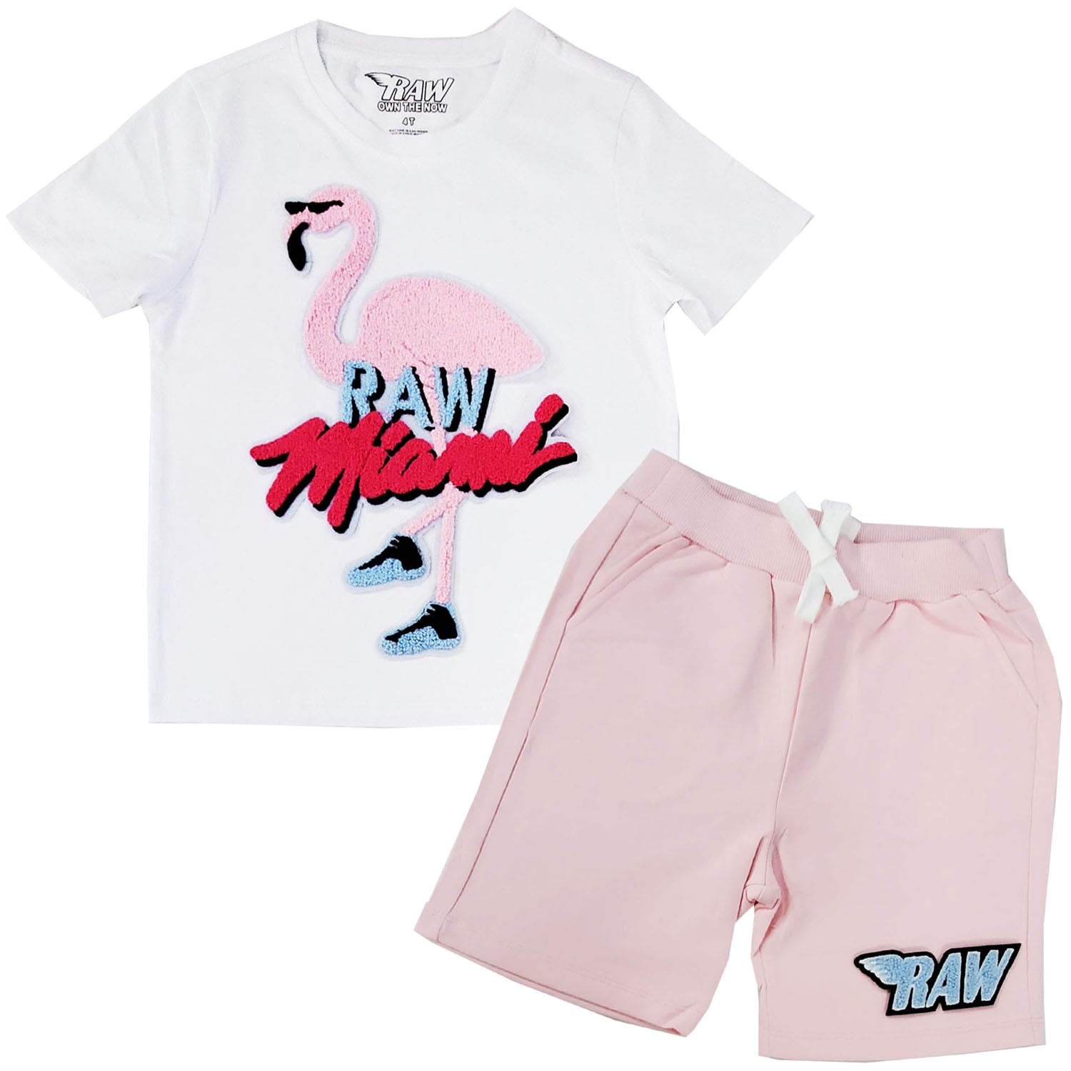 Kids Flamingo Chenille Crew Neck T-Shirt and Raw Wing Sky Chenille Cotton Shorts Set - Rawyalty Clothing