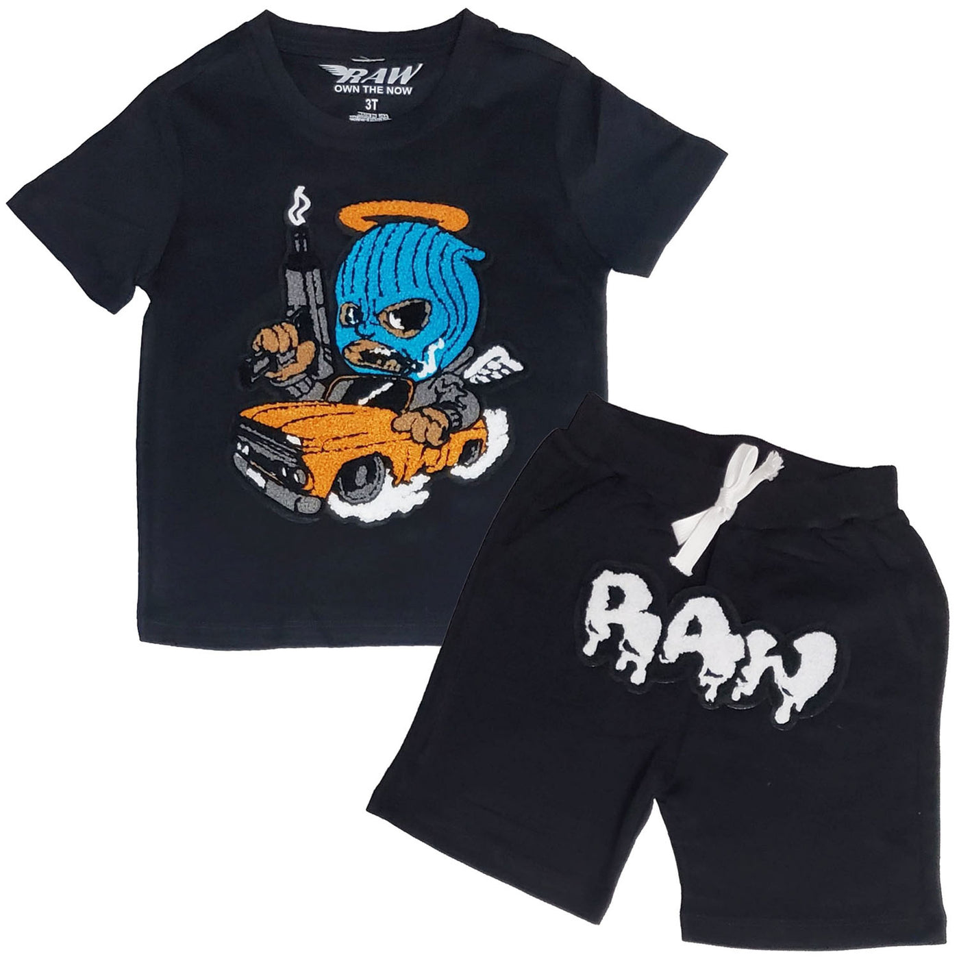 Kids Gangster Chenille Crew Neck T-Shirt and RAW Drip Chenille Cotton Shorts Set - Rawyalty Clothing