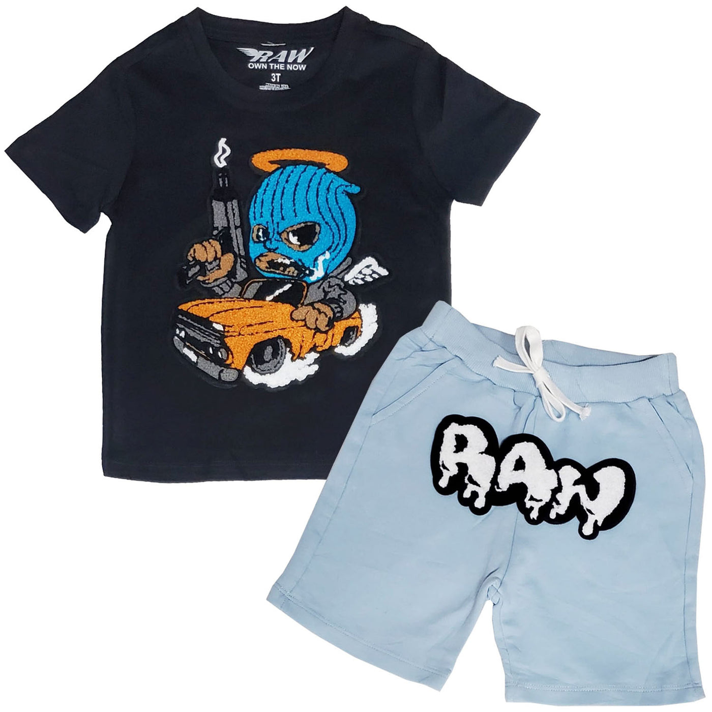 Kids Gangster Chenille Crew Neck T-Shirt and RAW Drip Chenille Cotton Shorts Set - Rawyalty Clothing