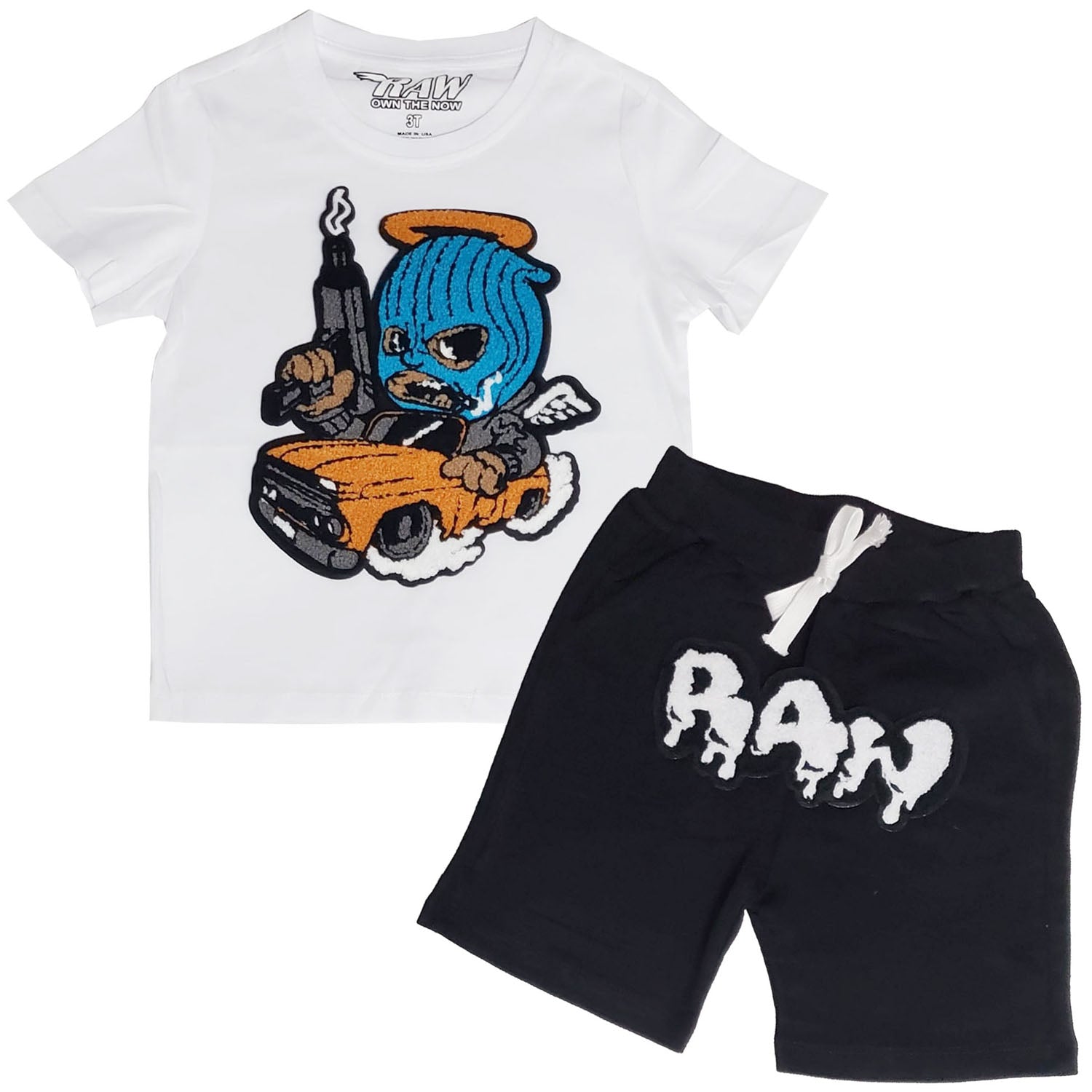 Kids Gangster Chenille Crew Neck T-Shirt and RAW Drip Chenille Cotton Shorts Set - Rawyalty Clothing