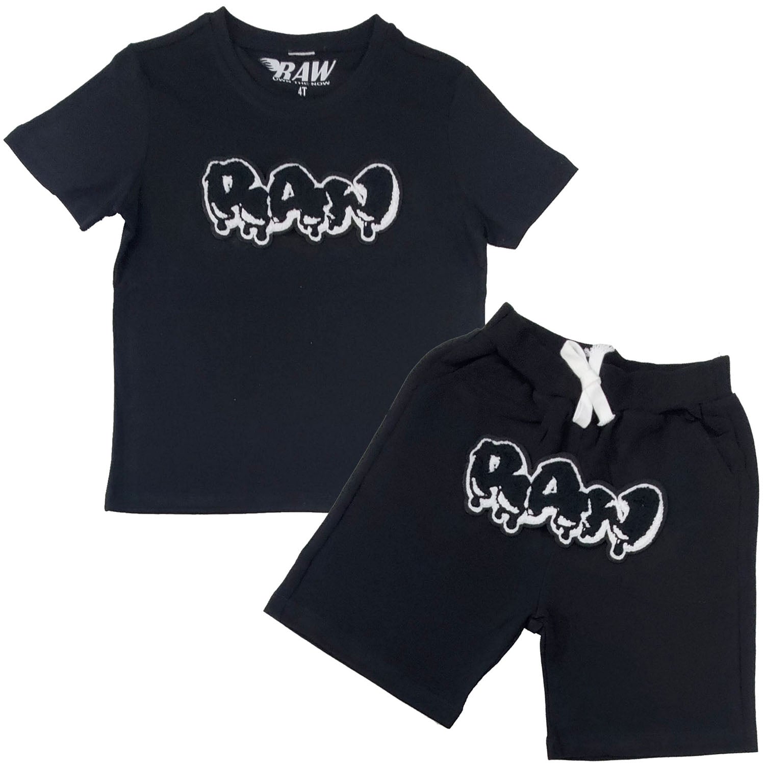 Kids RAW Drip Black Chenille Crew Neck T-Shirt and Cotton Shorts Set - Rawyalty Clothing