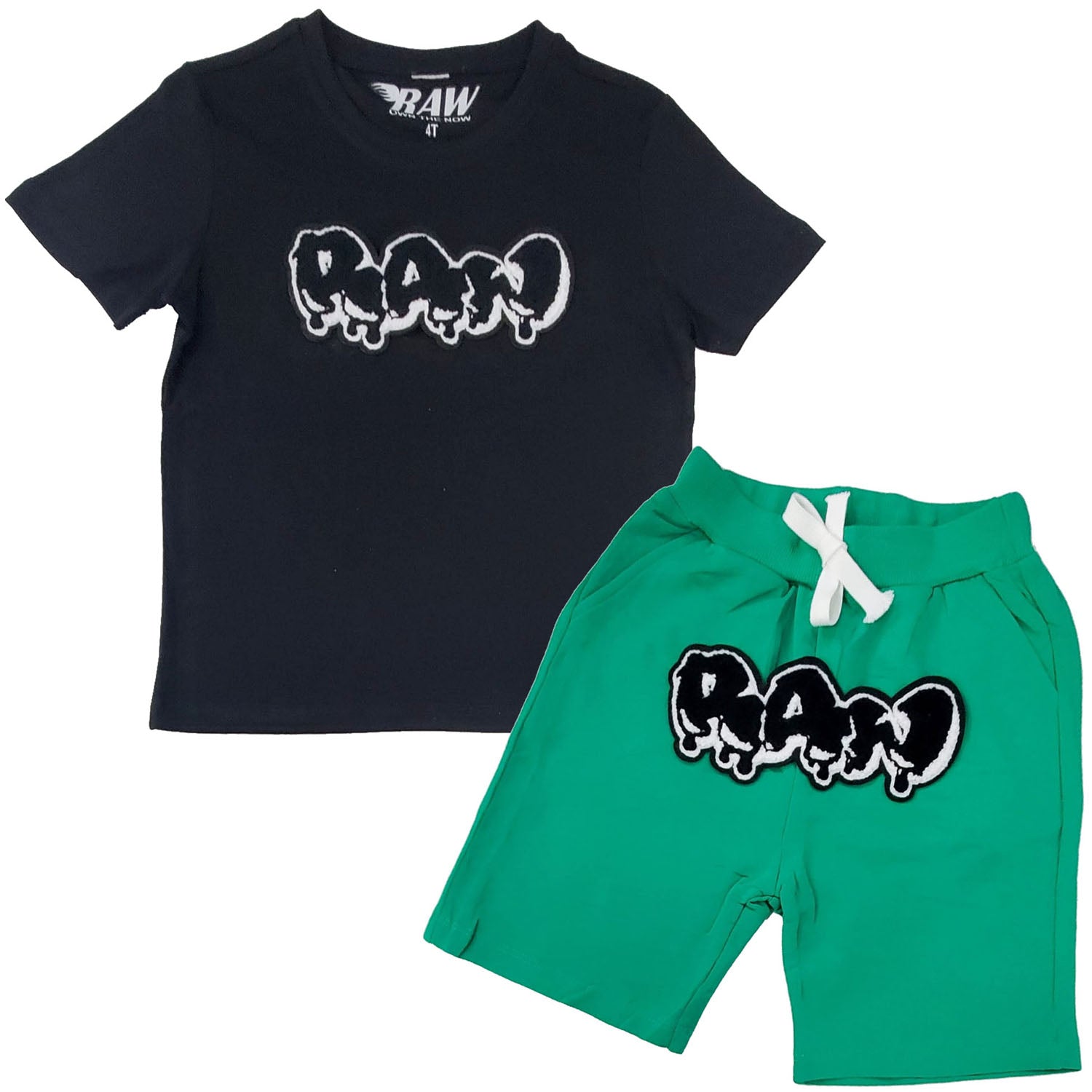 Kids RAW Drip Black Chenille Crew Neck T-Shirt and Cotton Shorts Set - Rawyalty Clothing