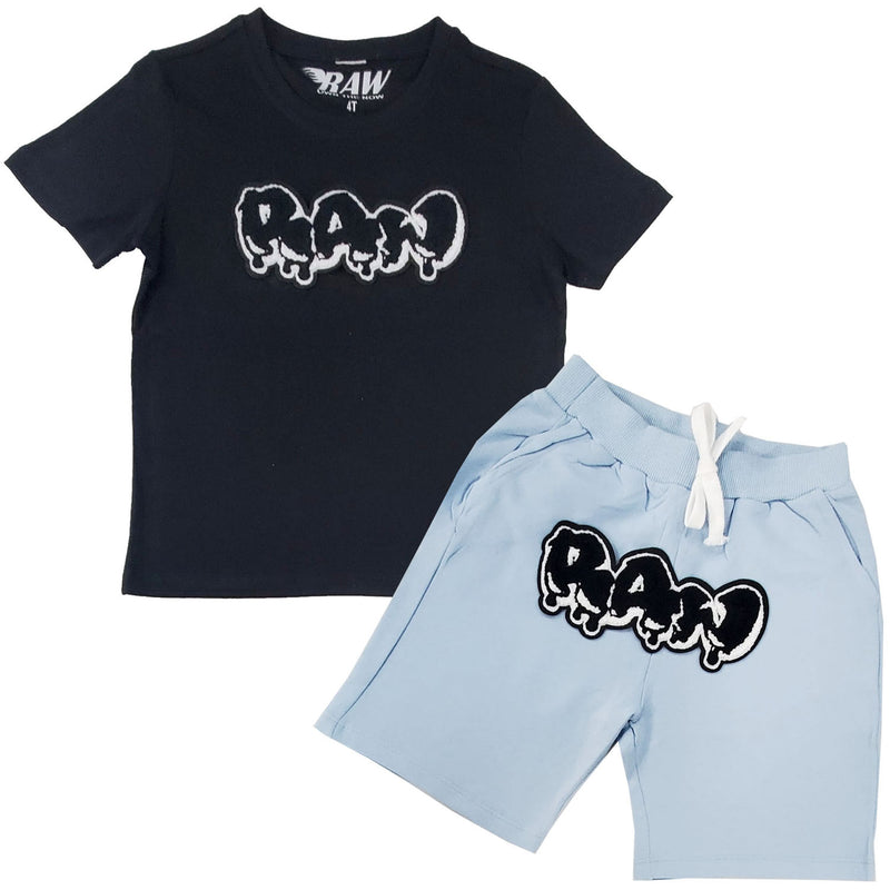 Kids RAW Drip Black Chenille Crew Neck T-Shirt and Cotton Shorts Set - Rawyalty Clothing