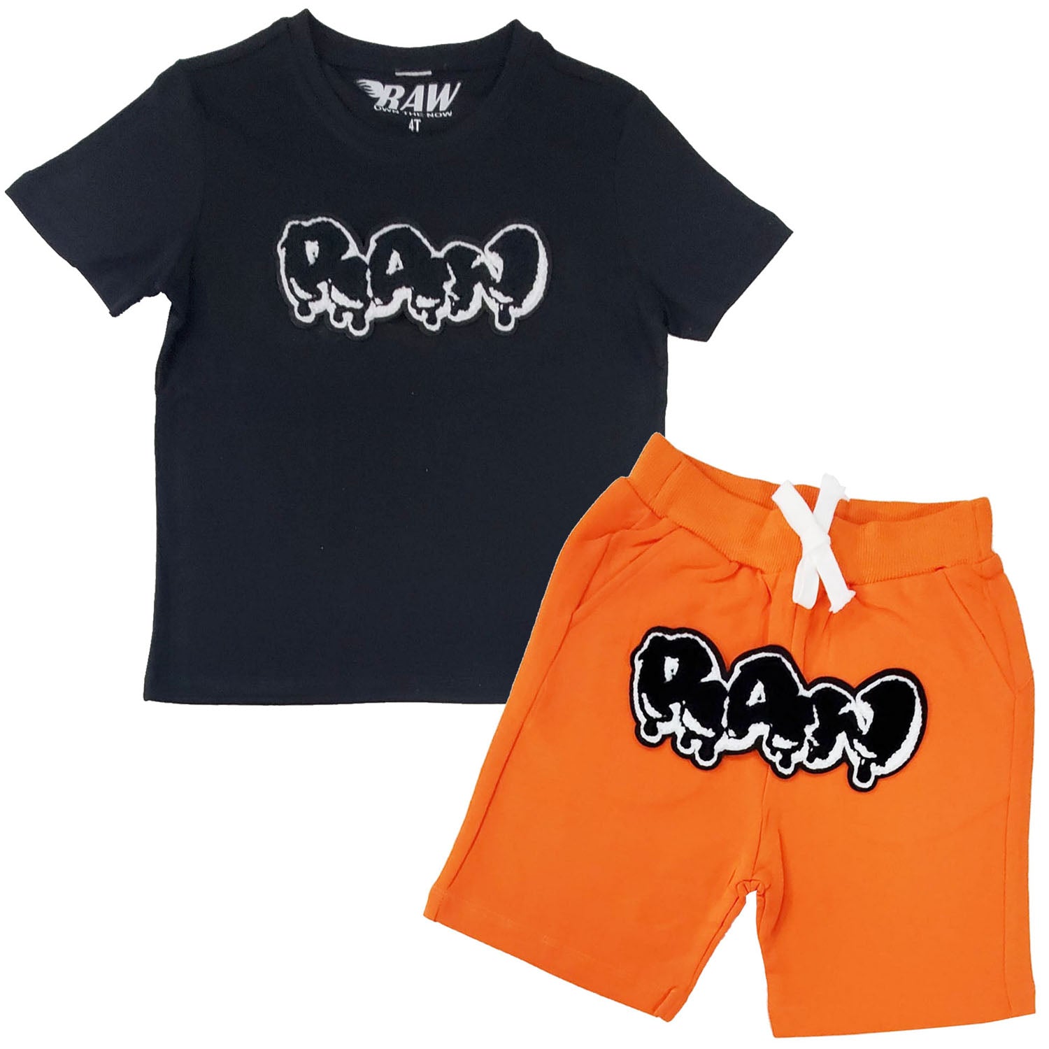 Kids RAW Drip Black Chenille Crew Neck T-Shirt and Cotton Shorts Set - Rawyalty Clothing