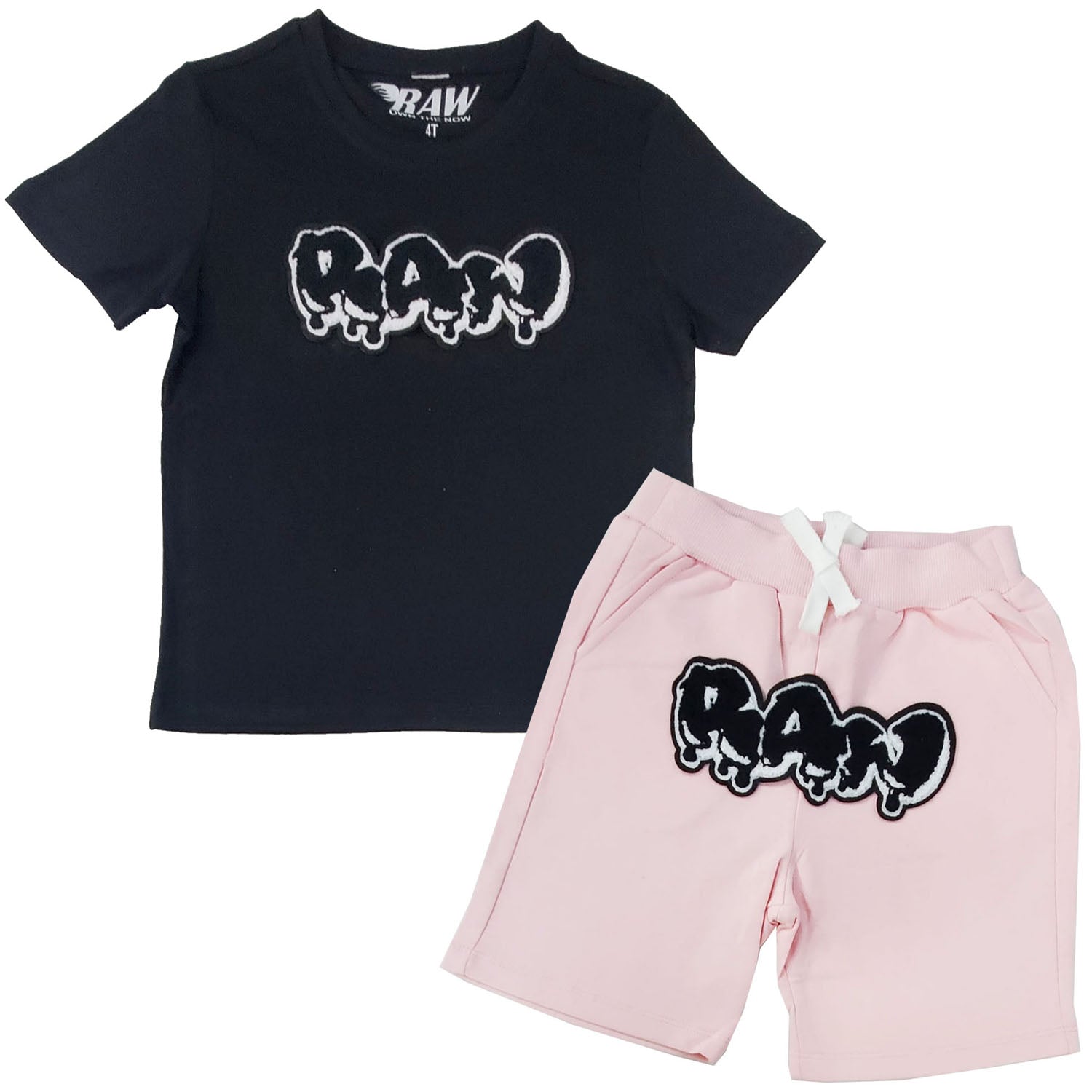 Kids RAW Drip Black Chenille Crew Neck T-Shirt and Cotton Shorts Set - Rawyalty Clothing