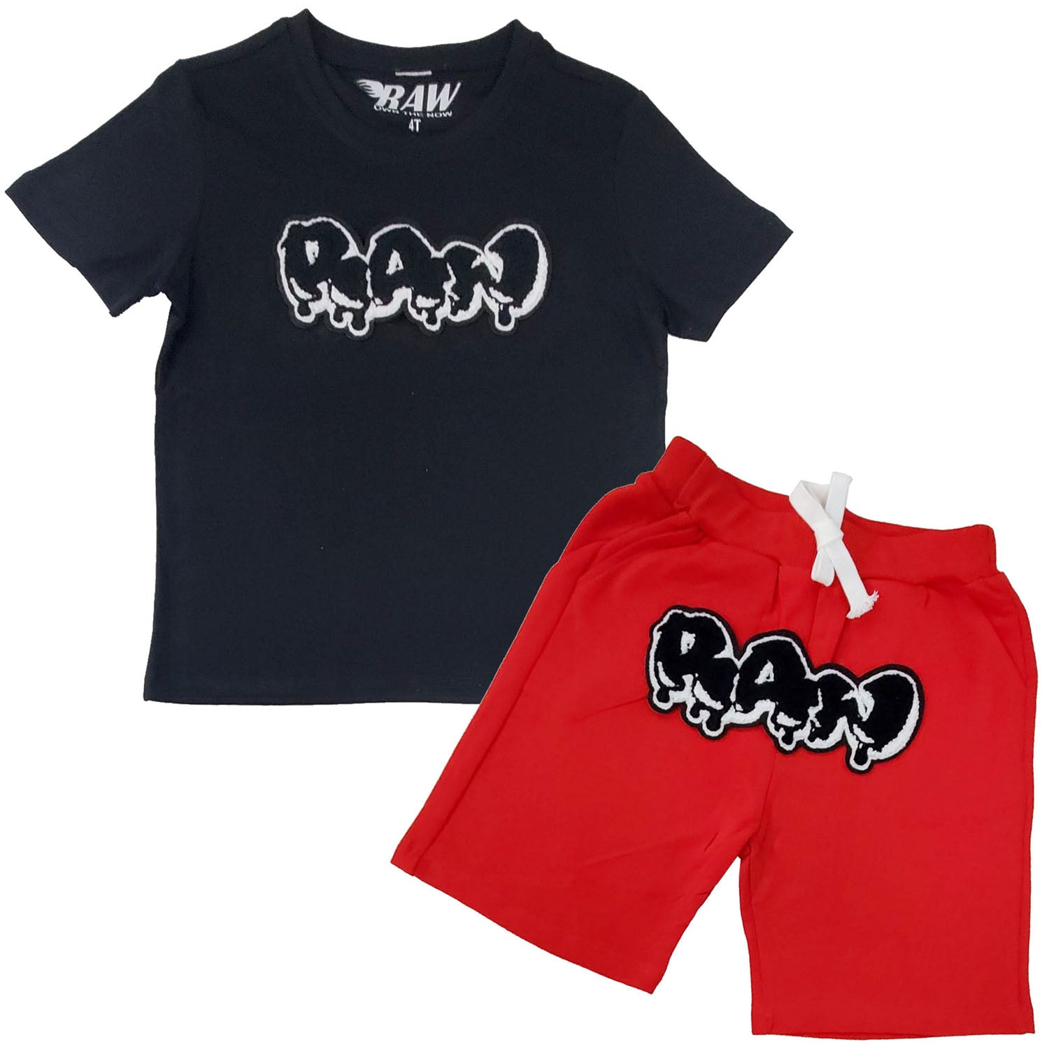 Kids RAW Drip Black Chenille Crew Neck T-Shirt and Cotton Shorts Set - Rawyalty Clothing