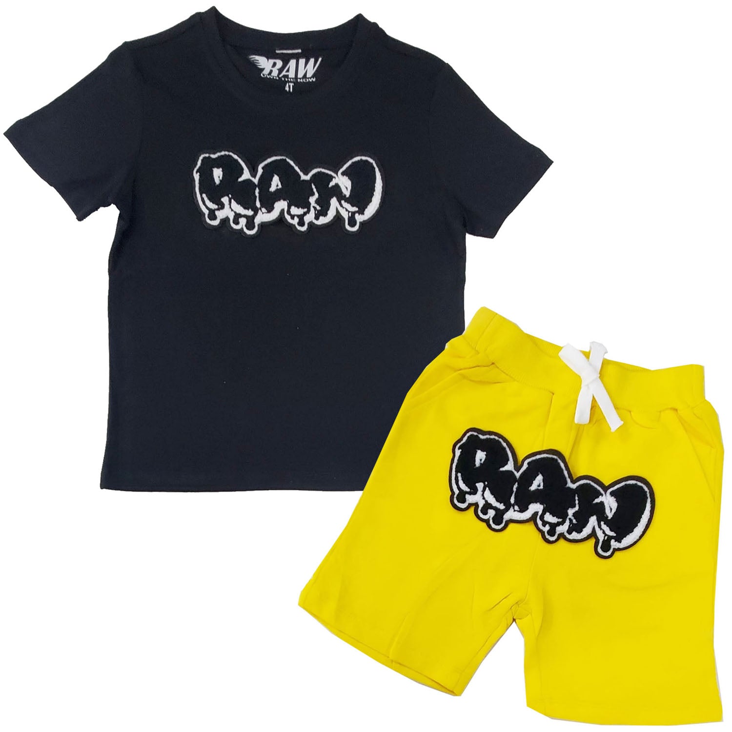 Kids RAW Drip Black Chenille Crew Neck T-Shirt and Cotton Shorts Set - Rawyalty Clothing