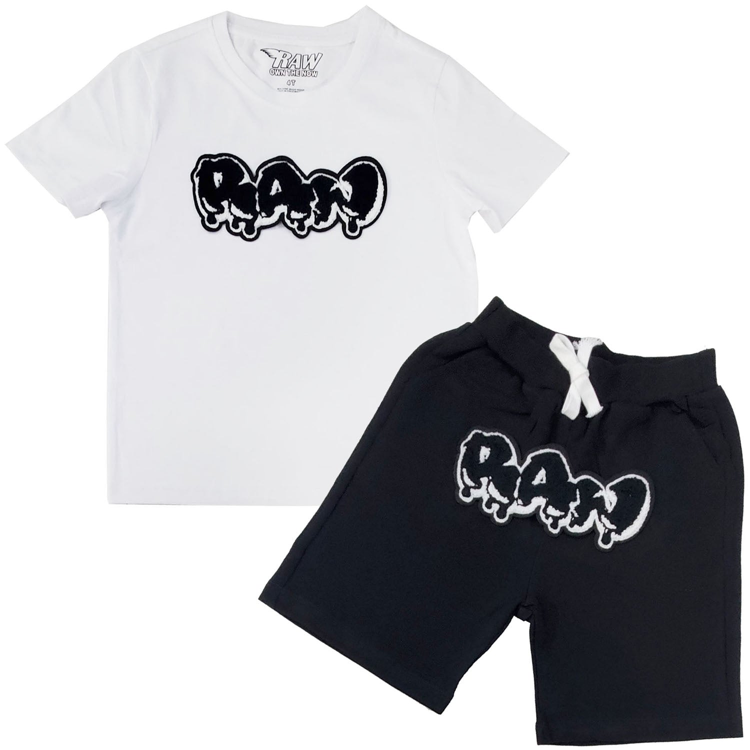 Kids RAW Drip Black Chenille Crew Neck T-Shirt and Cotton Shorts Set - Rawyalty Clothing