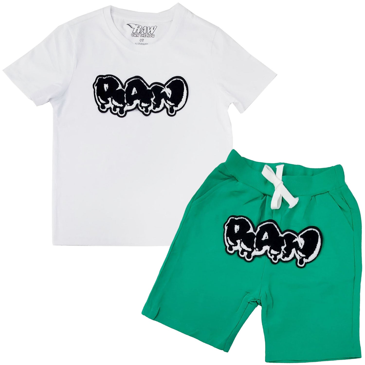 Kids RAW Drip Black Chenille Crew Neck T-Shirt and Cotton Shorts Set - Rawyalty Clothing