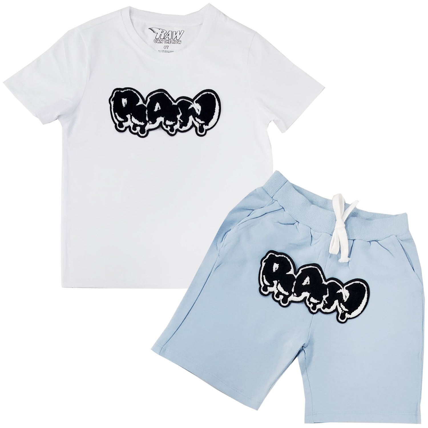 Kids RAW Drip Black Chenille Crew Neck T-Shirt and Cotton Shorts Set - Rawyalty Clothing