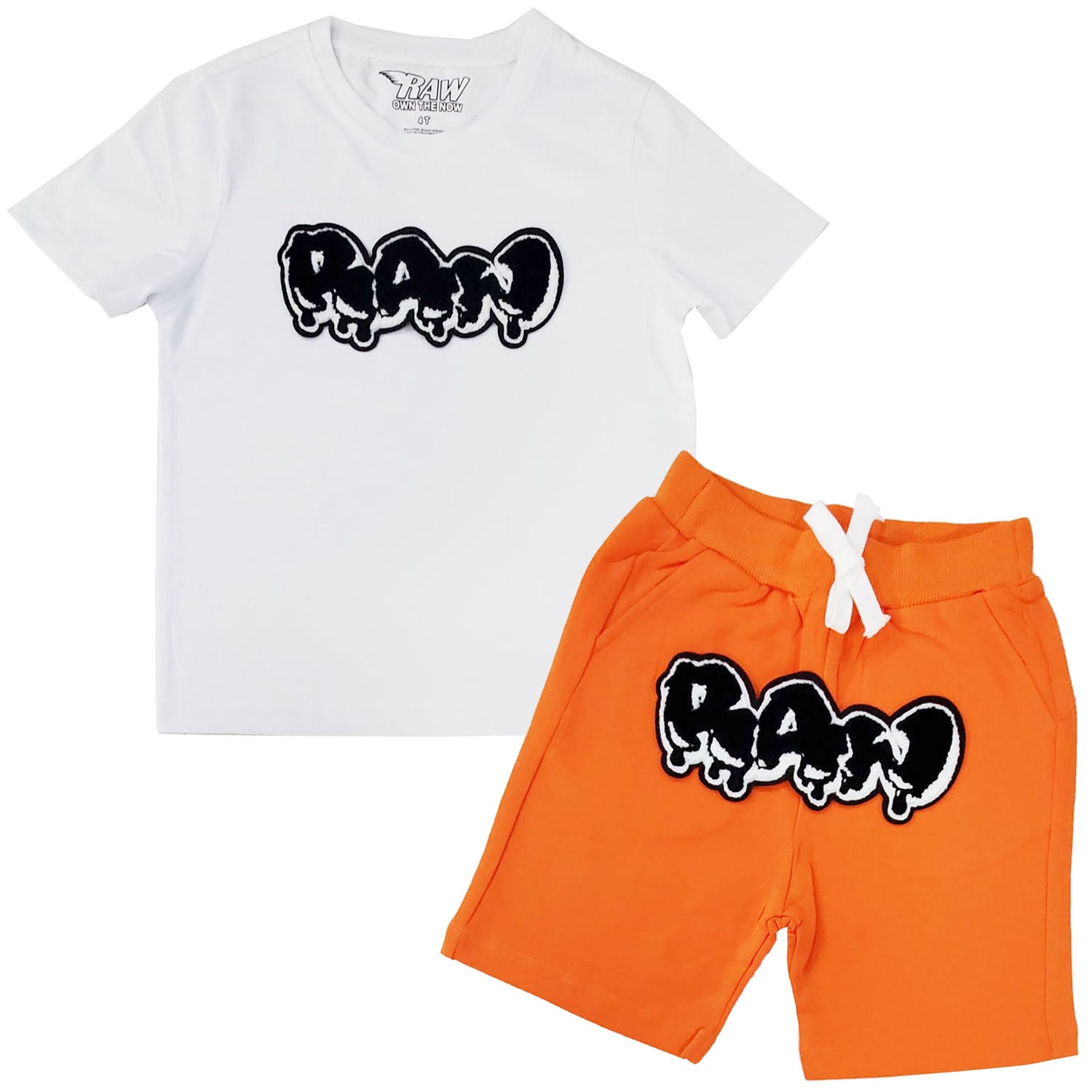 Kids RAW Drip Black Chenille Crew Neck T-Shirt and Cotton Shorts Set - Rawyalty Clothing