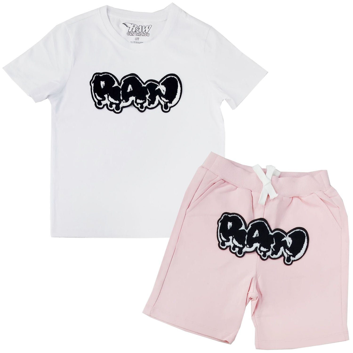 Kids RAW Drip Black Chenille Crew Neck T-Shirt and Cotton Shorts Set - Rawyalty Clothing