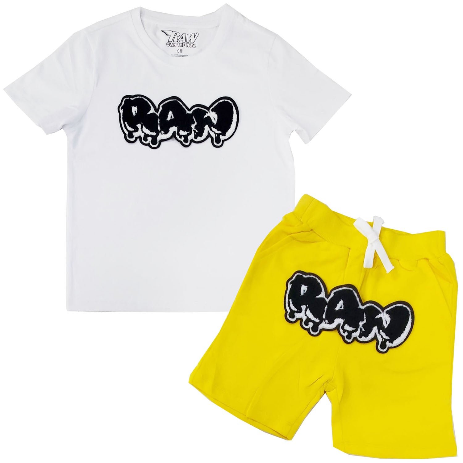 Kids RAW Drip Black Chenille Crew Neck T-Shirt and Cotton Shorts Set - Rawyalty Clothing