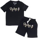 Kids RAW Drip Camo Grey Chenille Crew Neck T-Shirt and Cotton Shorts Set - Rawyalty Clothing