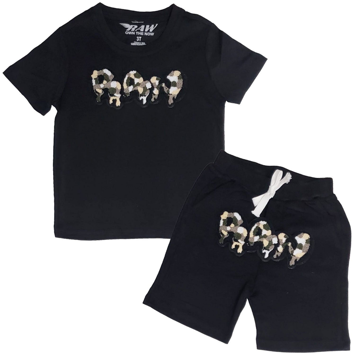 Kids RAW Drip Camo Grey Chenille Crew Neck T-Shirt and Cotton Shorts Set - Rawyalty Clothing