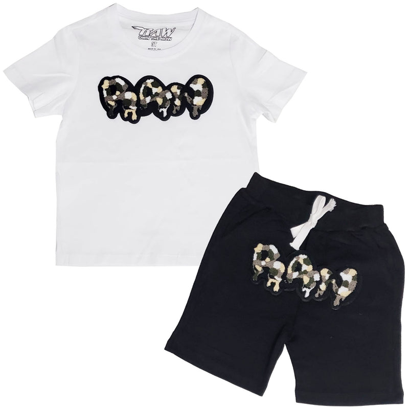 Kids RAW Drip Camo Grey Chenille Crew Neck T-Shirt and Cotton Shorts Set - Rawyalty Clothing