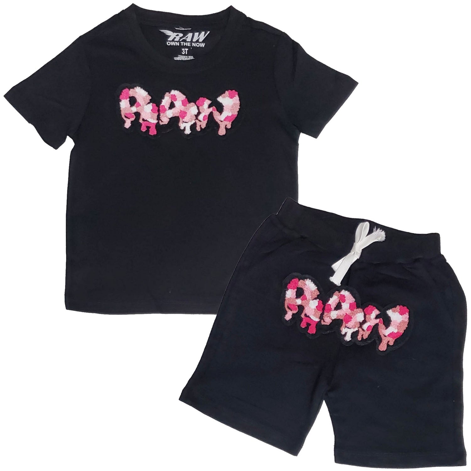 Kids RAW Drip Camo Pink Chenille Crew Neck T-Shirt and Cotton Shorts Set - Rawyalty Clothing