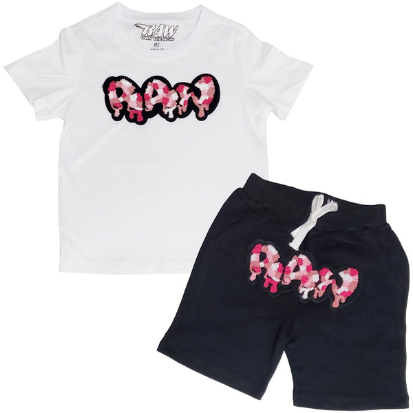 Kids RAW Drip Camo Pink Chenille Crew Neck T-Shirt and Cotton Shorts Set - Rawyalty Clothing