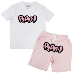 Kids RAW Drip Pink Chenille Crew Neck and Cotton Shorts Set - White Tees / Pink Shorts - Rawyalty Clothing